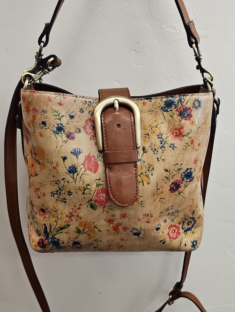 Patricia Nash Floral Leather Crossbody in Beige and Brown